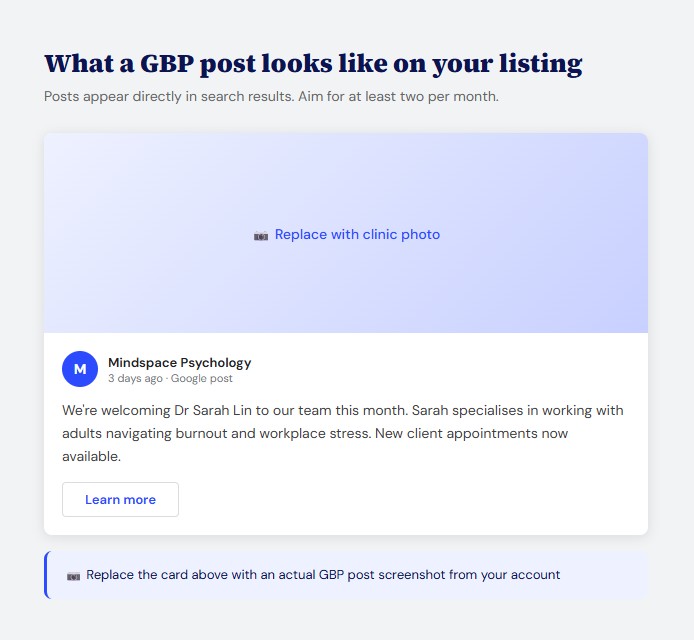 Example of a Google Business Profile post from a psychology clinic announcing a new team member, showing how posts appear on a clinic's Google listing